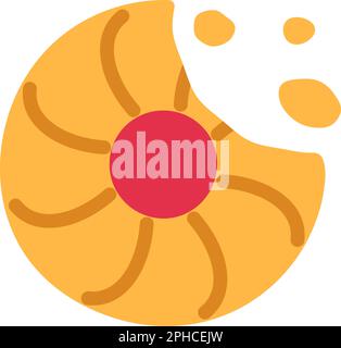 Cookie with strawberry filling and crumb flat icon isolated on white background. Traditional baked treat with berry jam symbol. Homemade meal design. Stock Vector
