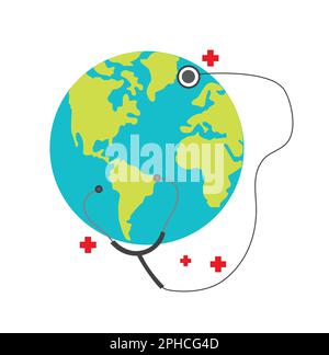 World health day illustration with a stethoscope and planet earth on a white background with copy space Stock Vector