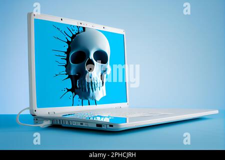 Conception of a hacked laptop with a skull during virus attack Stock Photo
