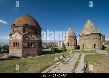 Erzurum, Turkey. 20 June 2021. Three kumbets ( Turkish; Üç Kümbetler ) historical tombs in Erzurum. Türkiye travel destinations. Stock Photo