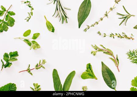 Mix of fresh herbs isolated on white background, top view Stock Photo