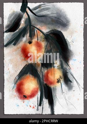 Digital illustration in oriental style - a brunch of oranges on dark background; watercolour effect Stock Photo