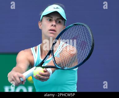 Miami Gardens, United States. 27th Mar, 2023. Magda Linette from Poland serves to Jessica Pegula from the USA during the Miami Open in the Hard Rock Stadium in Miami Gardens, Florida, on Monday, March 27, 2023. Pegula defeated Lynette 6-1, 7-5. Photo by Gary I Rothstein/UPI Credit: UPI/Alamy Live News Stock Photo