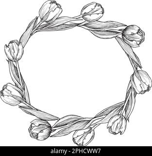 Tulips wreath drawing in one line drawing, minimal art. Stock Vector