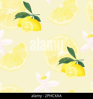 Yellow Lemons watercolor seamless pattern. Beautiful hand drawn texture. Romantic background for web pages, wedding invitations, textile, wallpaper. Stock Photo
