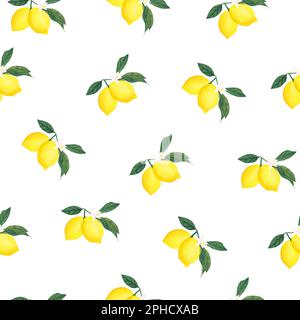 Watercolor seamless pattern with yellow lemon branch isolated on white background. Illustration for textures, wallpapers, fabrics, postcards. Stock Photo