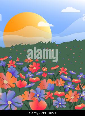 Field with colorful flowers, sun and green grass. Summer time. Vector illustration.  Stock Vector