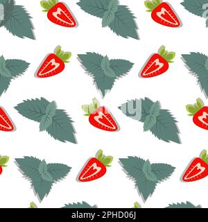 Seamless pattern with mint leaves and strawberry slices in trendy bright hues. Hello summer. Happy Strawberry day. Isolate. Design for poster or greeting card, price or label, wrapping. Vector. EPS Stock Vector