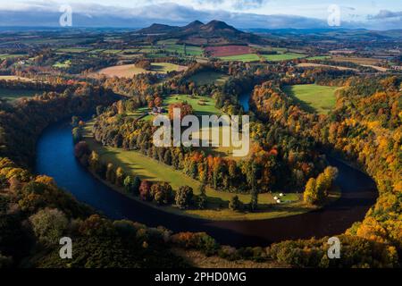 Aerial view of the Eildon Hills and Melrose town centre on the banks of ...