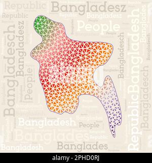 Bangladesh map design. Country names in different languages and map shape with geometric low poly triangles. Stock Vector