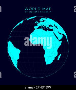Map of the World. Orthographic projection. Futuristic infographic world illustration. Bright cyan colors on dark background. Stock Vector