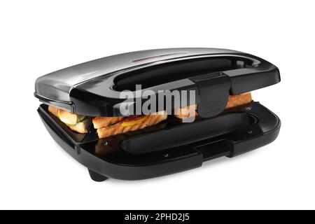 Modern grill maker with sandwiches on white background Stock Photo