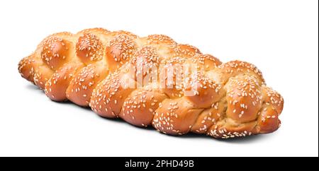 Homemade braided bread with sesame seeds isolated on white. Traditional Shabbat challah Stock Photo