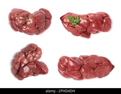 Set with fresh raw kidneys on white background, top view Stock Photo