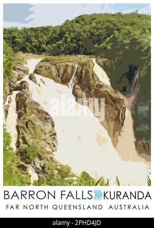 Waterfall poster #3 illustration with text based on photo of Barron River Falls in full flow as part of a Cairns Region chasing waterfalls set Stock Photo