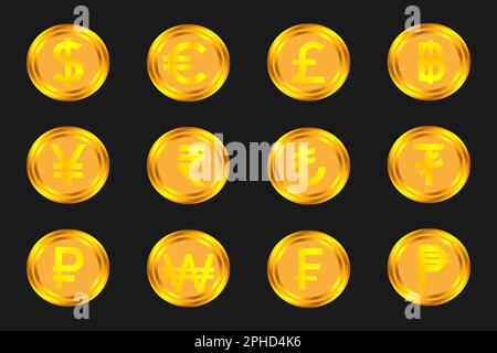 set of gold coins icons of various world currencies, realistic gold coins Treasure concept. 3d vector illustration Stock Vector
