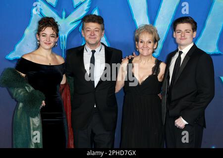 Ruby Ashbourne Serkis, Andy Serkis, Lorraine Ashbourne and Louis Ashbourne Serkis attend The World Premiere of 'Avatar: The Way of Water' at Odeon Luxe Leicester Square in London. Stock Photo