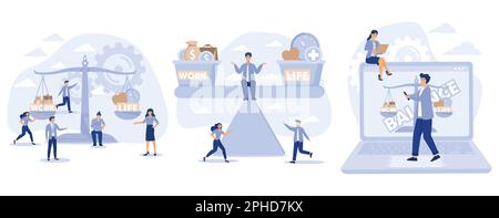 Work and life balance. Tiny people keep harmony choose between career and money versus love and time, leisure or business, set flat vector modern illu Stock Vector