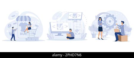 Remote developers team concept, E-commerce development, cross-platform, dedicated team, web application, software environment, operating system, set f Stock Vector