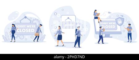 Sorry we are closed - big sign. Bankrupt business. Closed establishments, cafe, shop, store, salon through crisis, set flat vector modern illustration Stock Vector