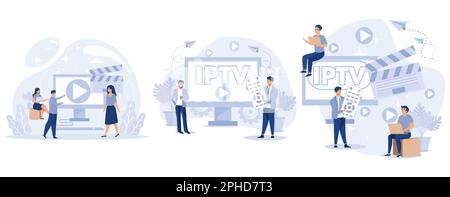 IPTV concept. Tiny people watch digital media TV stream. Internet protocol television. Smart multimedia technology, set flat vector modern illustratio Stock Vector