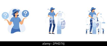 Puzzled business woman doubting, deciding, setting priorities. business teamwork together people connect puzzle elements, set flat vector modern illus Stock Vector