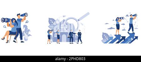 searching for employees for vacant place, House selection and search, house project, real estate business, study horizons company work finding ways de Stock Vector