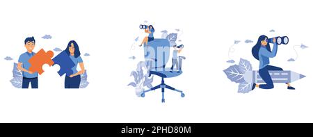 teamwork puzzles in hands of business team, searching for employees for vacant place. find job. woman designer flies astride pencil and looks for crea Stock Vector