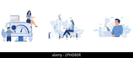 Benchmark testing Benchmarking software, product performance indicator, business graphic, rise career to success, man designer found brilliant ideas, Stock Vector
