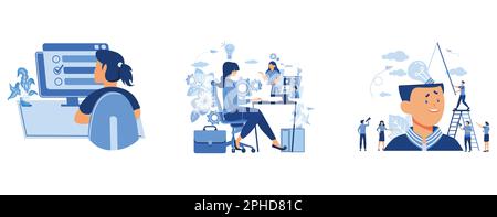 Person choosing answer in online test on computer screen, businessman working from home or office, teamwork brainstorming, ideological thinking to sol Stock Vector