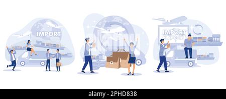 Import and export concept. Global trade. Logistics business. Tiny people businessman sale goods and services worldwide, set flat vector modern illustr Stock Vector