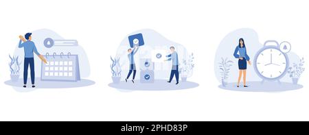 Business illustration set. Characters planning and organizing schedule, work task and time management strategy to increase productivity. Self manageme Stock Vector