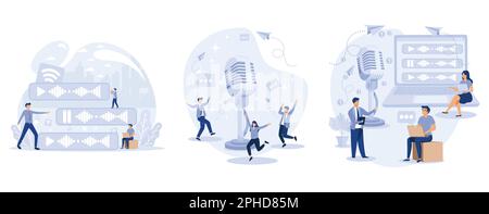 Voice messages concept. Tiny people use microphone to record message. Chat app, set flat vector modern illustration Stock Vector