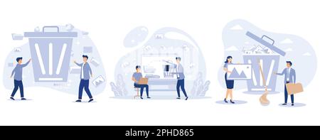 Delete concept. Tiny people deleting data and move unnecessary files to the trash bin, set flat vector modern illustration Stock Vector