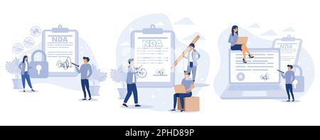 NDA contract. Non disclosure agreement. Tiny people sign confidentiality agreement document. Corporate secret protection, set flat vector modern illus Stock Vector
