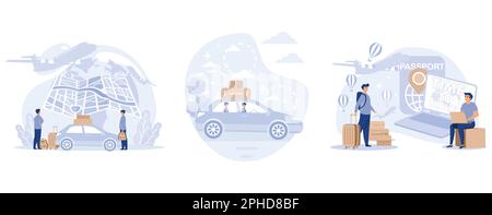 Time to travel. Tourism. Trip to world. Road trip. Tour. Tiny people planning vacation. Suitcase, world map and tourism set, set flat vector modern il Stock Vector