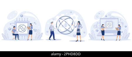 Quantum computing concept. Optical technology, photonics research. Tiny people engineers and scientists working with quantum computer chip, set flat v Stock Vector