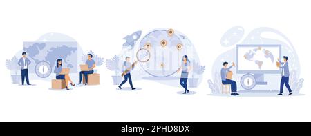 Geography concept. World map. Globalisation. Tiny people study atlas Earth. set flat vector modern illustration Stock Vector