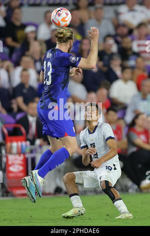 Orlando, Florida, USA. March 27, 2023: United States defender TIM REAM (13) gets a header during the USMNT vs El Salvador Concacaf Nations League match at Exploria Stadium in Orlando, Fl on March 27, 2023. (Credit Image: © Cory Knowlton/ZUMA Press Wire) EDITORIAL USAGE ONLY! Not for Commercial USAGE! Credit: ZUMA Press, Inc./Alamy Live News Stock Photo