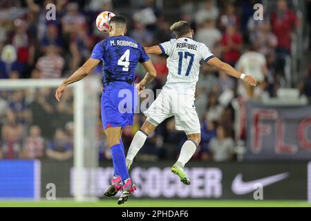 Orlando, Florida, USA. March 27, 2023: United States defender MILES ROBINSON (4) gets a header during the USMNT vs El Salvador Concacaf Nations League match at Exploria Stadium in Orlando, Fl on March 27, 2023. (Credit Image: © Cory Knowlton/ZUMA Press Wire) EDITORIAL USAGE ONLY! Not for Commercial USAGE! Credit: ZUMA Press, Inc./Alamy Live News Stock Photo