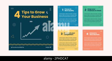 Tips Instagram Post Collection Design, Social Media Post template, 4 tips to Grow Business Stock Vector