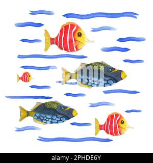 Watercolor illustration of a colored cartoon fishes isolated on white background. Can be used for print, poster, banner, background, souvenirs, decor Stock Photo