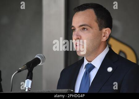 Acting Attorney General of New Jersey Matt Platkin delivers remarks. Attorney General Matthew J. Platkin held a press conference in Paterson. Attorney General Matthew J. Platkin announced that his office is superseding the Paterson Police Department, and assuming control of all police functions, including internal affairs investigations, effective immediately. Isa Abbassi, a twenty-five-year veteran of the New York City Police Department (NYPD) and its current Chief of Strategic Initiatives, will become the Officer-in-Charge of the Paterson Police Department in May, having been appointed to th Stock Photo