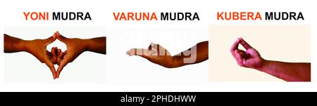 hand set of 3 mudras. It includes such mudras, Yoni Mudra, Varuna Mudra, Kubera Mudra,. Gestures is isolated on white background. Stock Photo