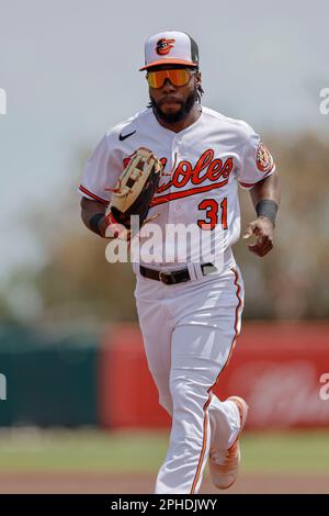 Baltimore, USA. 11th Apr, 2023. BALTIMORE, MD - APRIL 11: Baltimore Orioles  center fielder Cedric Mullins (31) heads to first after a bunt during a MLB  game between the Baltimore Orioles and