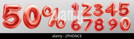 3d numbers font with percent sign for discount, special sale banner. Glossy balloons of red digits isolated on transparent background, vector realistic illustration Stock Vector