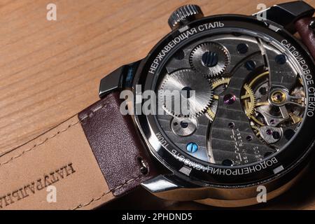 Chelyabinsk, Russia - January 10, 2023: Back side of the gents wrist watch Rarity Green by Molnija. Mechanical movement calibre 3603 Stock Photo