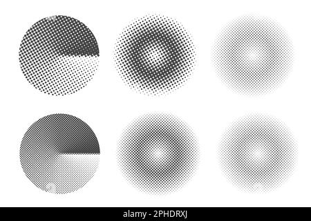 Circles with dotted gradient. Halftone raster gradation effect. Textured round graphic elements. Abstract geometric frames with points on white Stock Vector