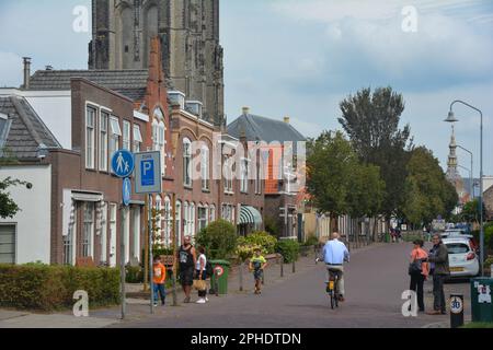 Zierikzee, Netherlands August 27th 2020  - Street with old Tower of the Sint-Lievens-Münster in Zierikzee, Netherlands Stock Photo
