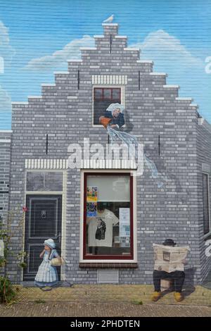 Zierikzee, Zeeland, Netherlands , August 27th 2020 - House facade with artistic mural painting on Plein Montmaertre in the middle of the city Stock Photo